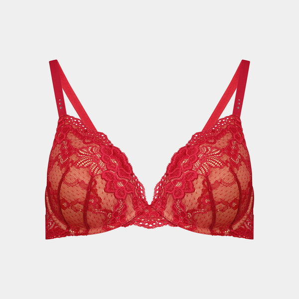 Pleasure State My Fit Lace Contour Plunge Bra in Jester Red