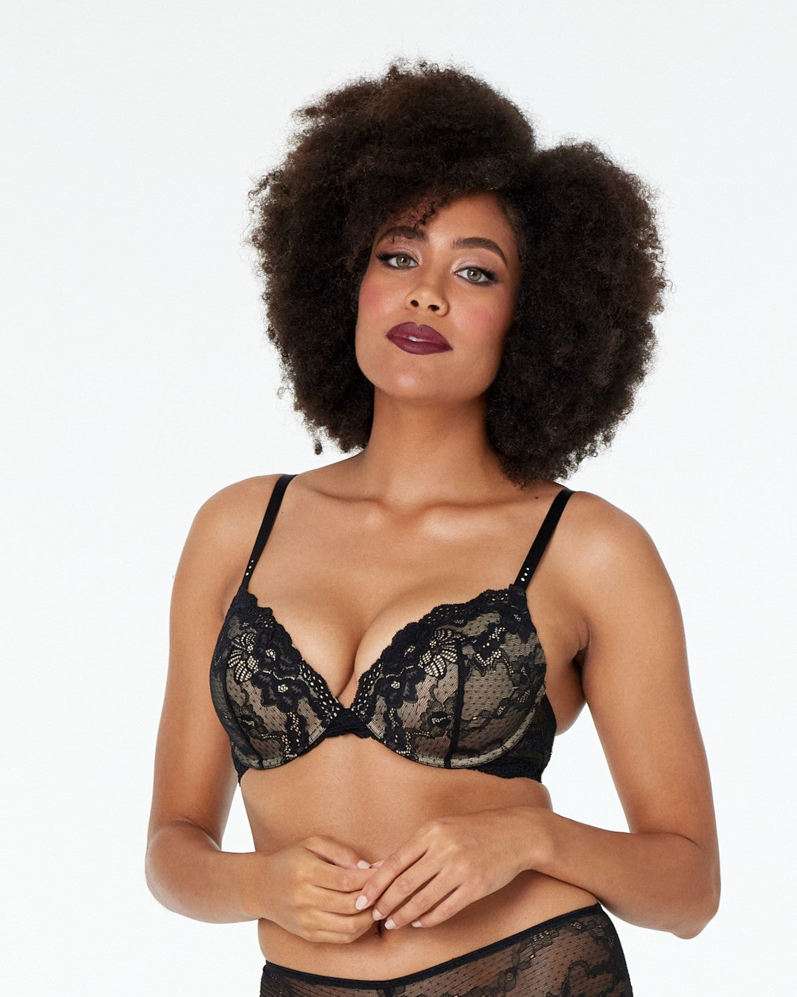 Pleasure State My Fit Lace Graduated Push Up Plunge Bra In Black